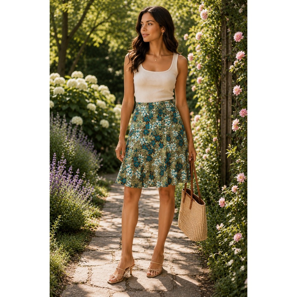 Women's Floral A-Line Skirt Blue Green Botanical Print Knee Length Skirt